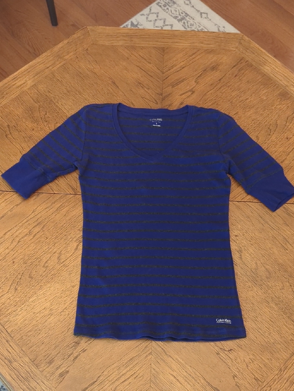 Calvin Klein Purple & Charcoal Striped V-Neck Cotton Tee